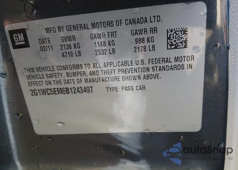 2011 Chevrolet Impala Ltz from USA, damaged, VIN 2G1WC5EM6B1243497